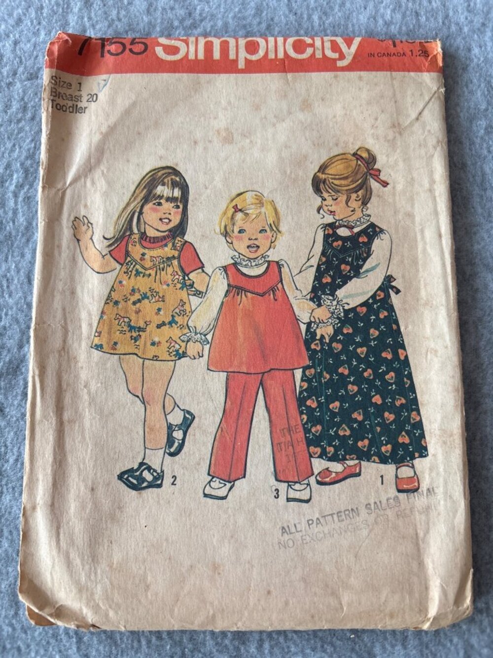 Simplicity 7155 Toddler Sewing Pattern Size 1 Uncut Dress/Jumper/Pants